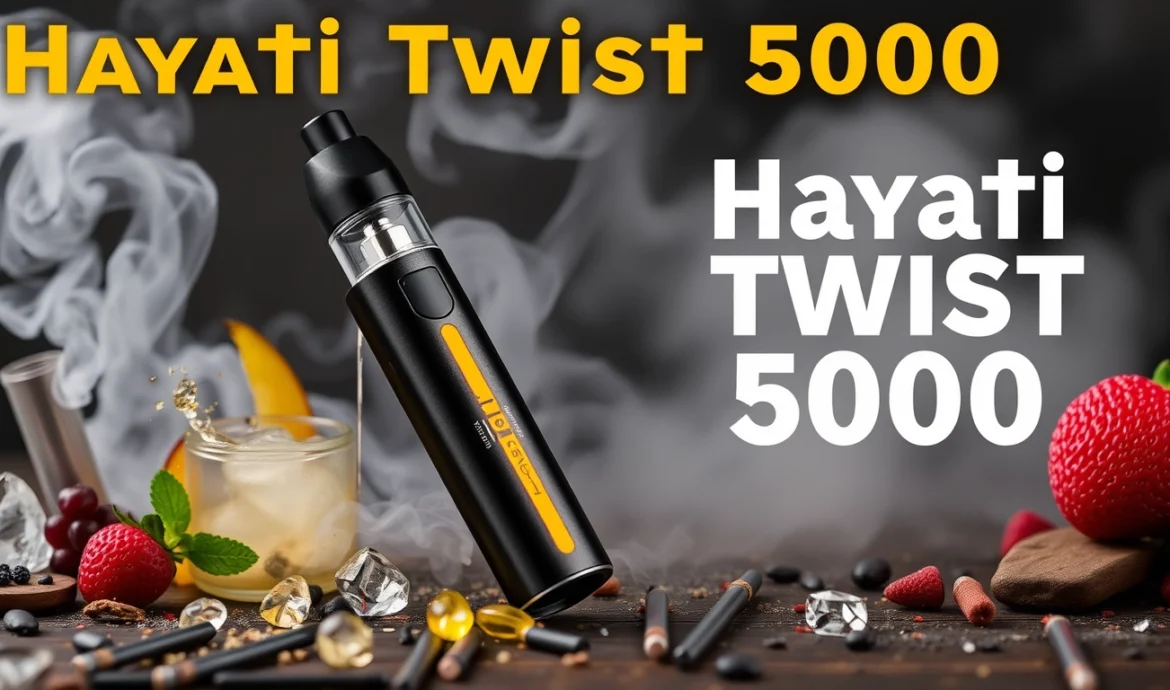 Image of the Hayati Twist 5000 disposable vape highlighting its features like a rechargeable battery, capacity for 5000 puffs, and various flavors.